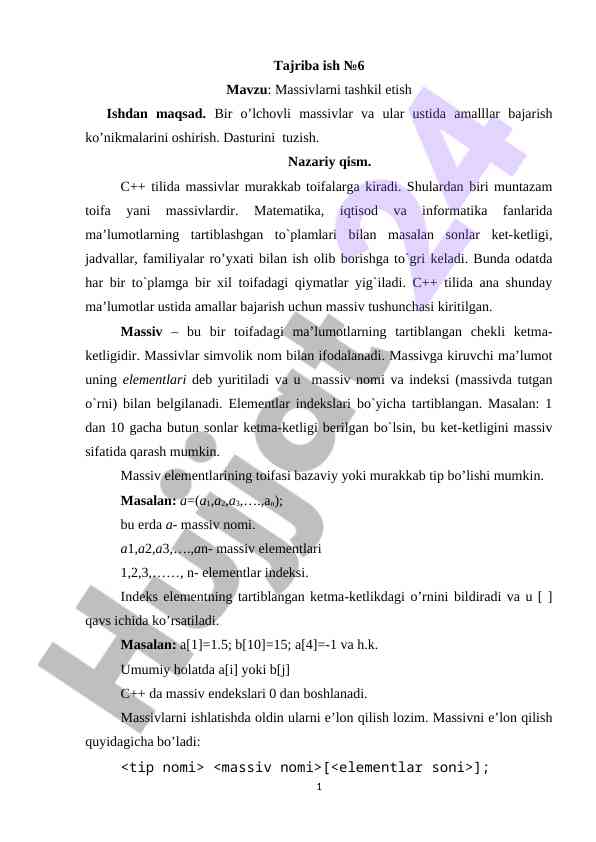 Massivlarni tashkil etish tajriba ish №6