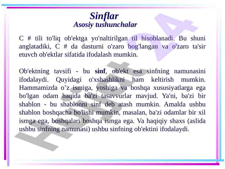 C# tili asosiy tushunchalari va sinflar