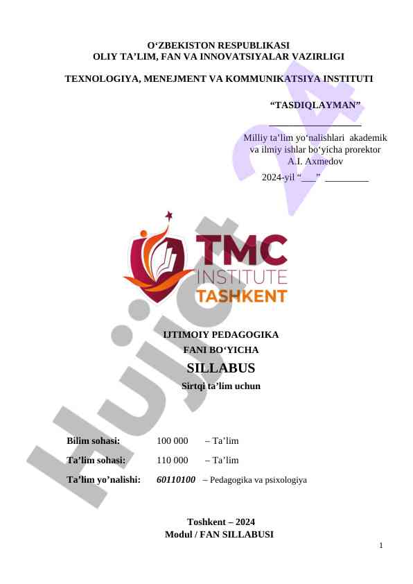 Sirtqi ta’lim uchun ijtimoiy pedagogika sillabusi