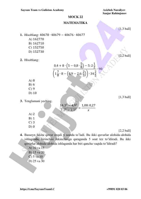 Matematika testi savollari va hisoblar