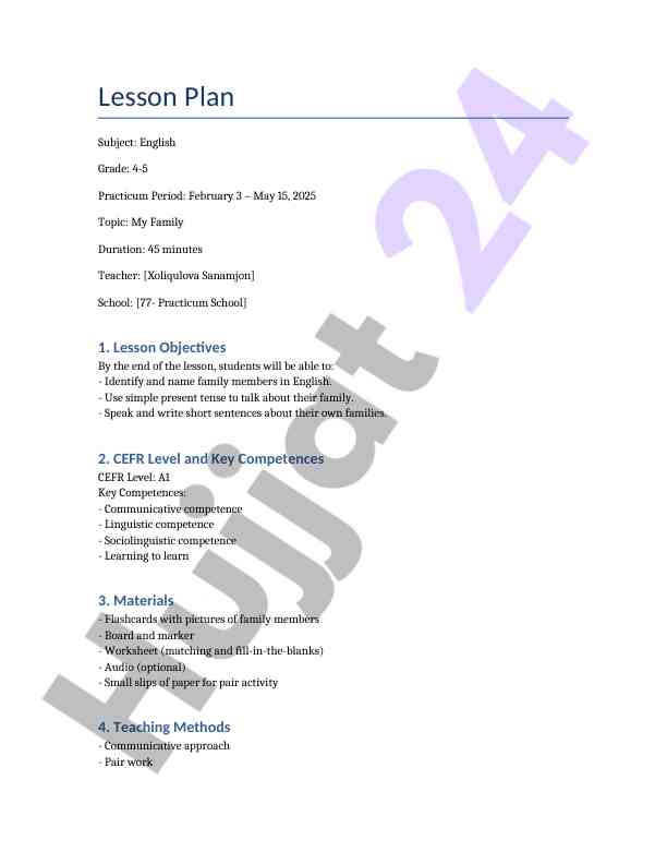 Family members lesson plan for english grade 4-5