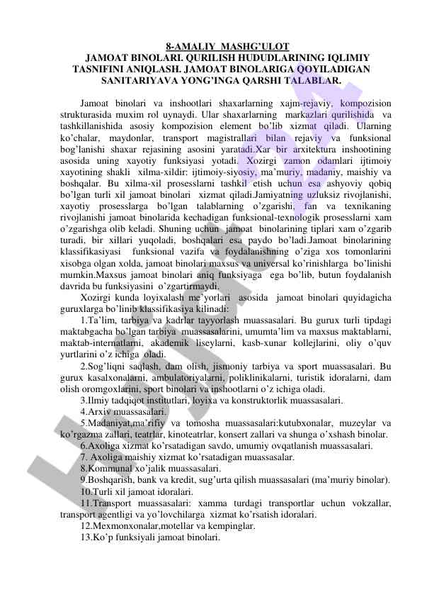 Jamoat binolari iqlimiy tasnifi va talablari