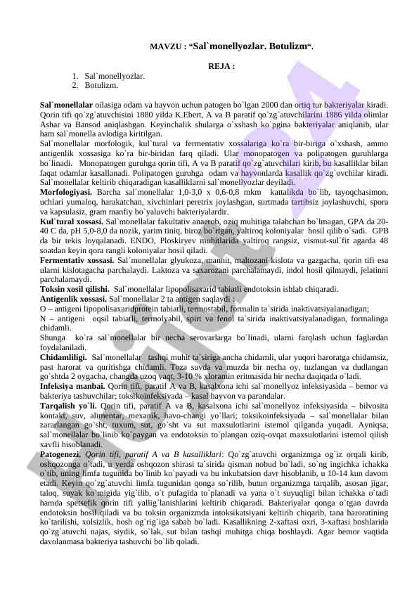 Sal`monellyozlar va botulizm tahlili