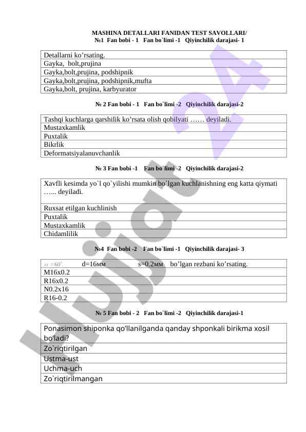 Mashina detallari fanidan test savollari №1
