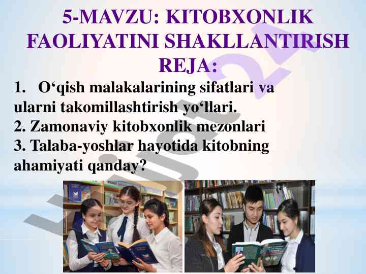 Kitobxonlik faoliyatini shakllantirish rejasi