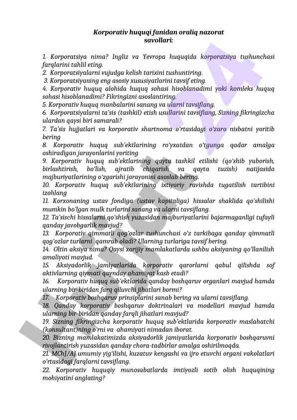 Korporativ huquq fanidan nazorat savollari