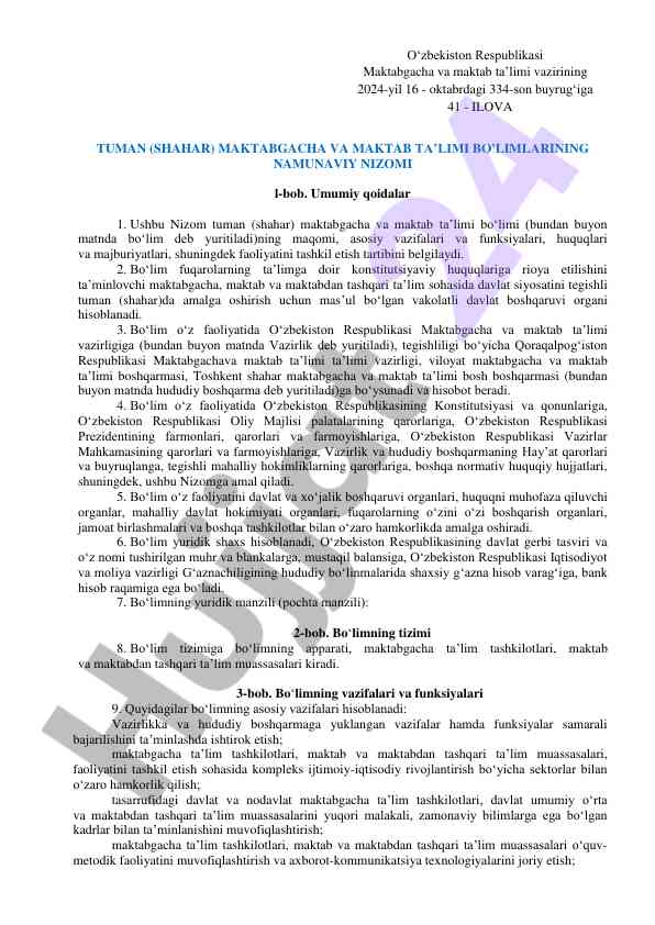 Maktabgacha va maktab ta’limi bo‘limlari nizomi