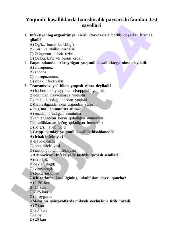 Yuqumli kasalliklarda hamshiralik parvarishi savollari