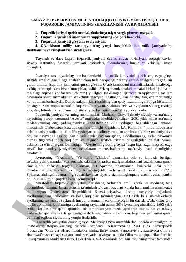 O‘zbekiston milliy taraqqiyotida fuqarolik jamiyatining rivoji