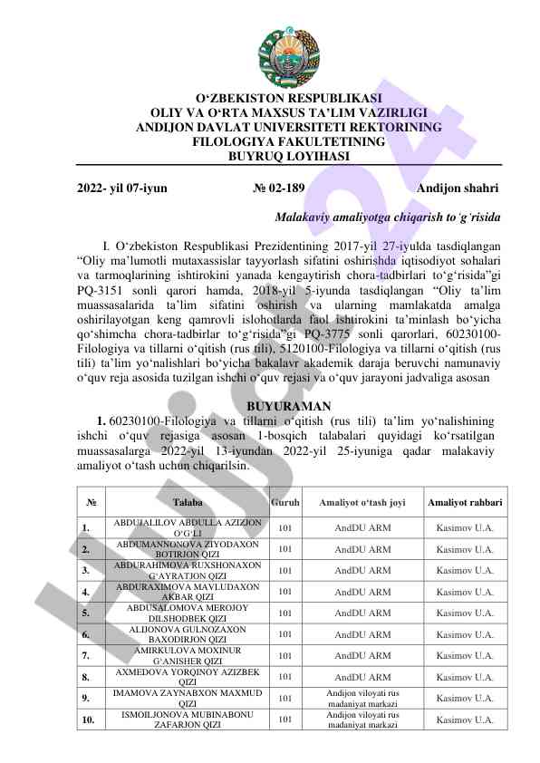 Malakaviy amaliyotga chiqishning ta’lim rejasi