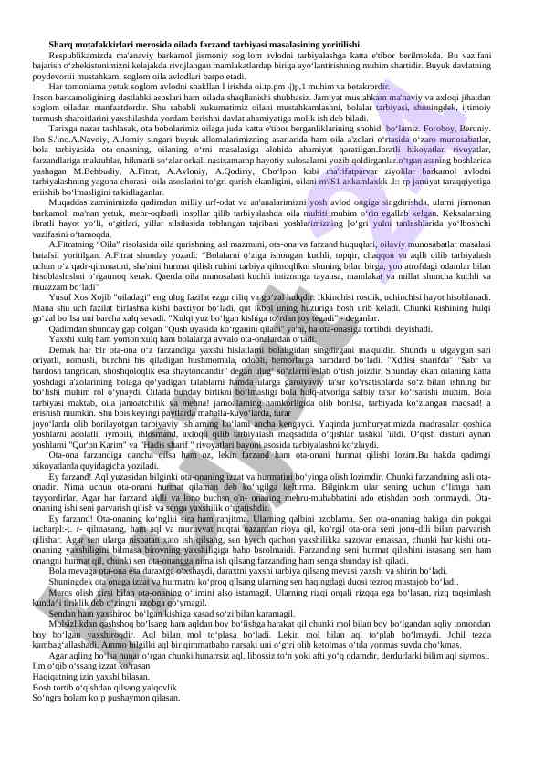 Oilada farzand tarbiyasi masalasi yoritilishi