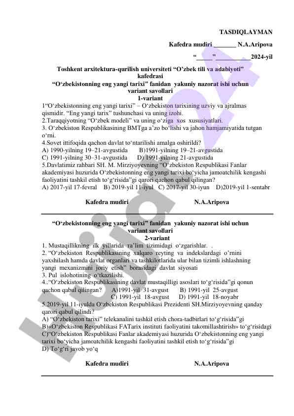 O‘zbekistonning eng yangi tarixi bo‘yicha nazorat savollari