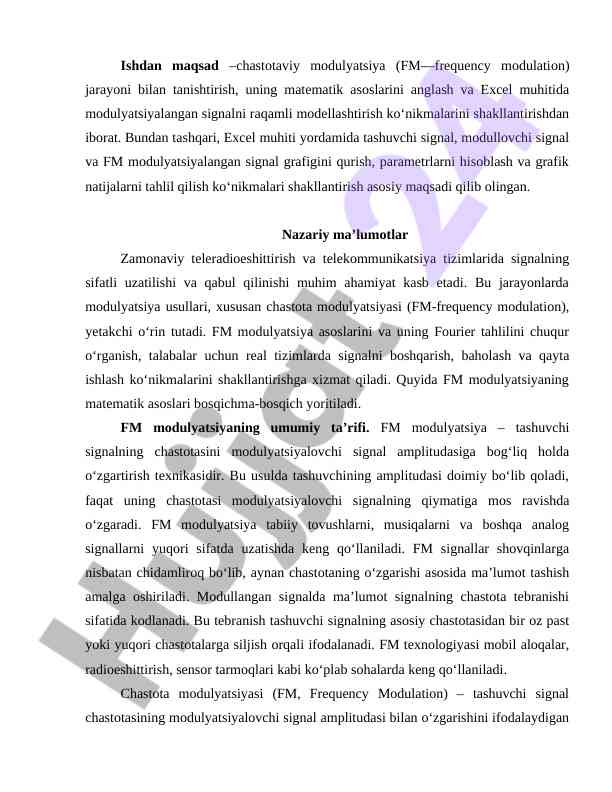 Chastotaviy modulyatsiya asoslari va matematik tahlil