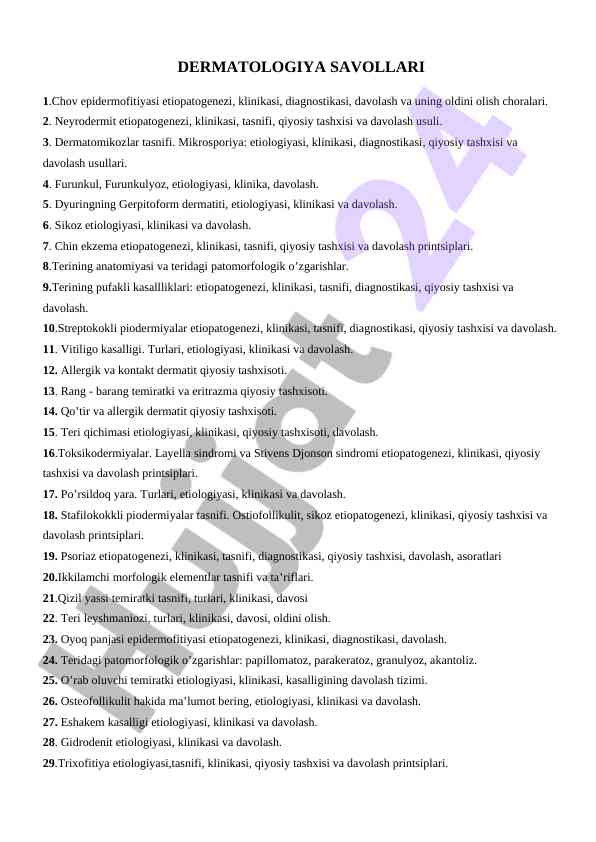 Dermatologiya savollari va ularning diagnostikasi