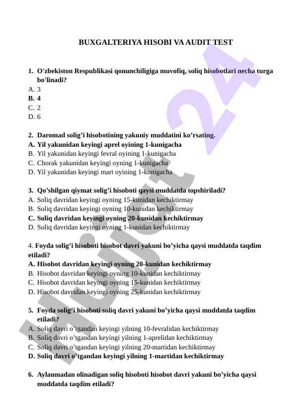Buxgalteriya hisobi va audit testlari