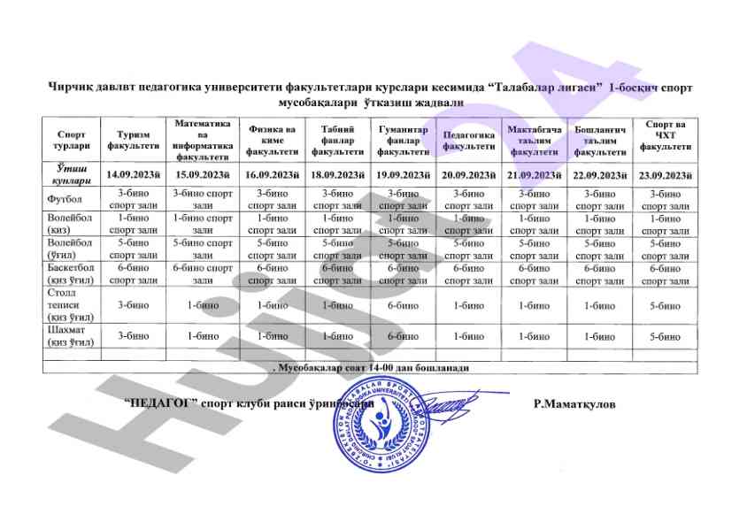Talabalar ligasi sport musobakalari jadvali