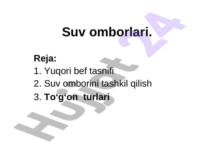 Suv omborlarini tashkil qilish va ularning turlari