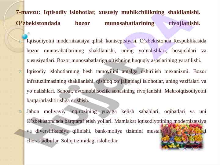 Iqtisodiy islohotlar va bozor munosabatlari rivoji