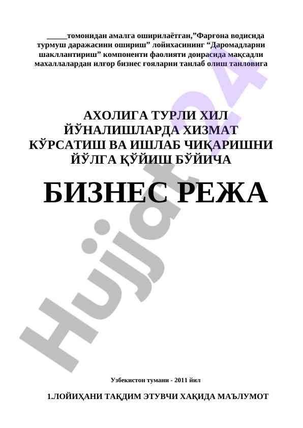 Daromadlarni shakl lanshirish loyihasi bo'yicha biznes reja