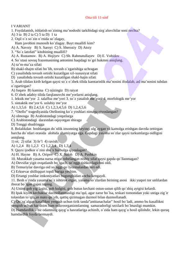 Ona tili 11-sinf test savollari i variant