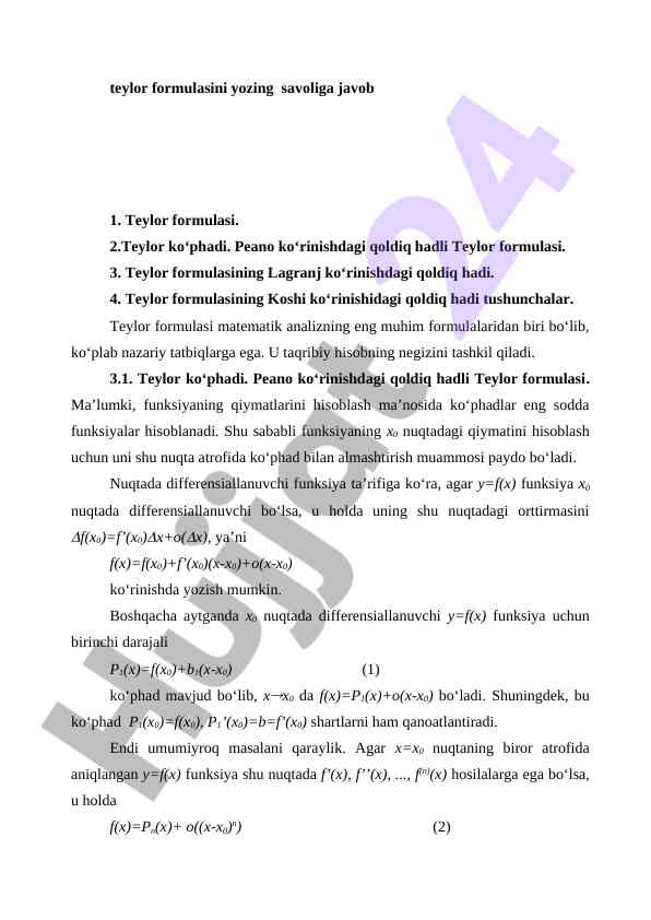 Teylor formulasi va uning qoldiq hadlari