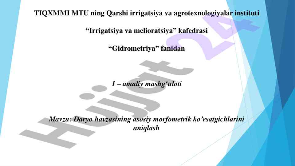 Gidrometriya fanidan amaliy mashg'ulot mavzusi