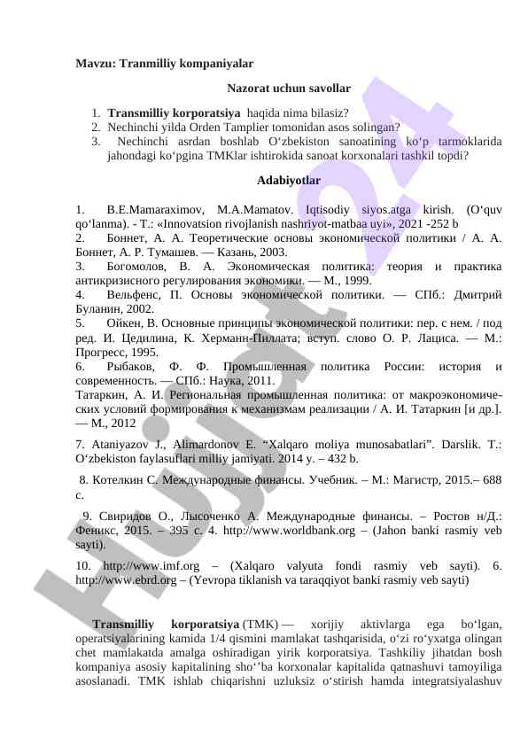 Transmilliy kompaniyalar va iqtisodiy siyosat