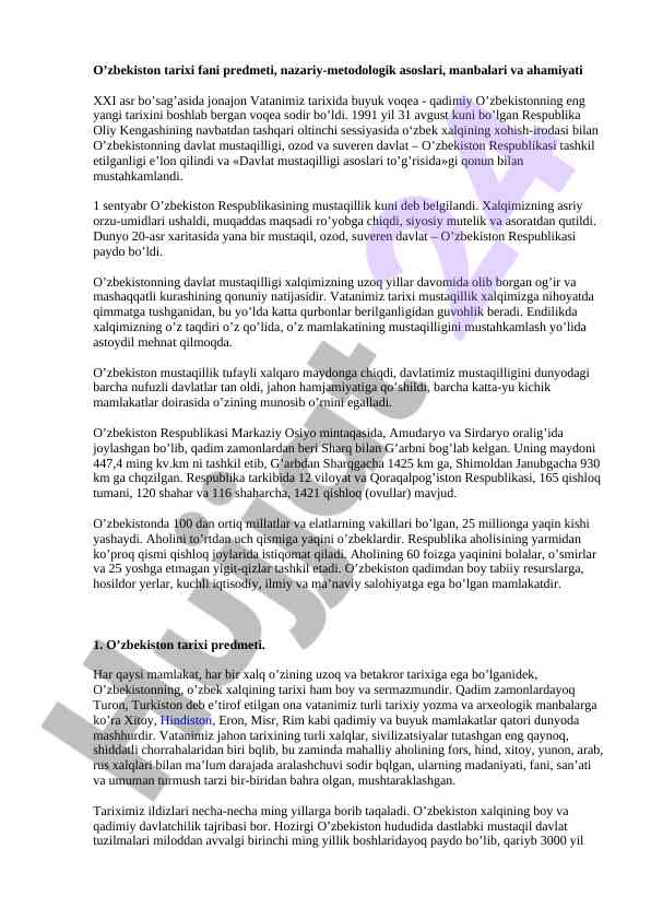 O’zbekiston tarixi va mustaqillikning ahamiyati