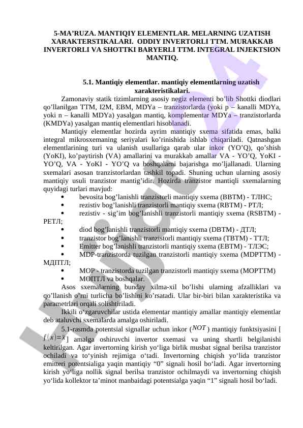 Mantiqiy elementlar va ularning xususiyatlari