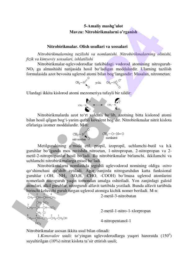 Nitrobirikmalarni o’rganish va ularning xossalari