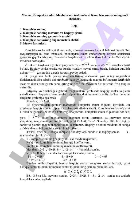 Kompleks sonlar va ularning tasnifi