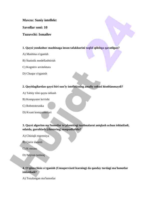 Suniy intellekt testi savollar va javoblar