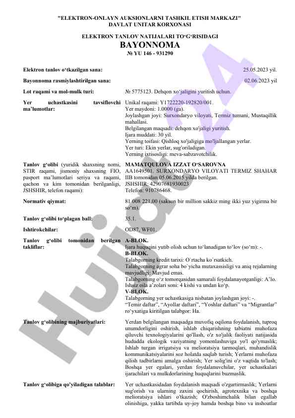 Elektron tanlov natijalari tashkil etish bayonnomasi