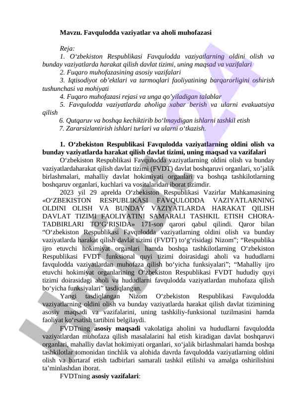 Favqulodda vaziyatlar va aholi muhofazasi rejasi