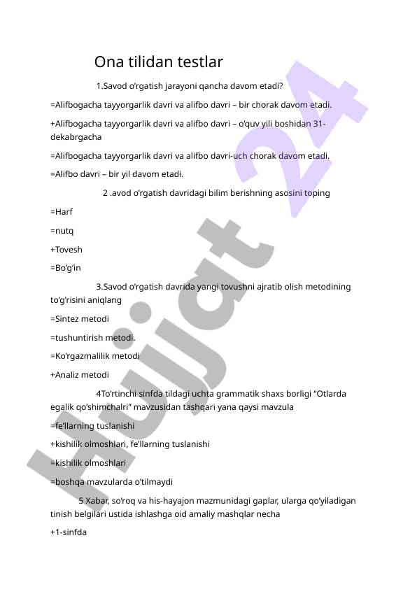 Ona tilidan testlar savod o’rgatish usullari