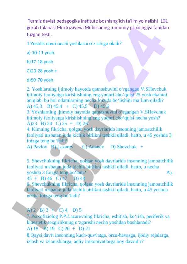 Umumiy psixologiya fani testi