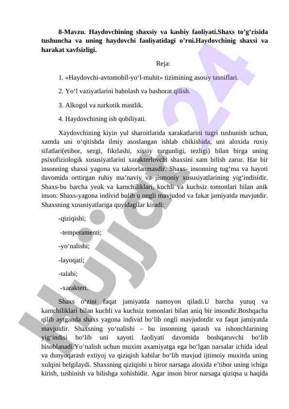 Haydovchining shaxsiy va kasbiy faoliyati