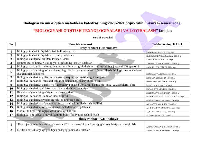 Biologiyani o’qitish texnologiyalari va loyihalash mavzulari
