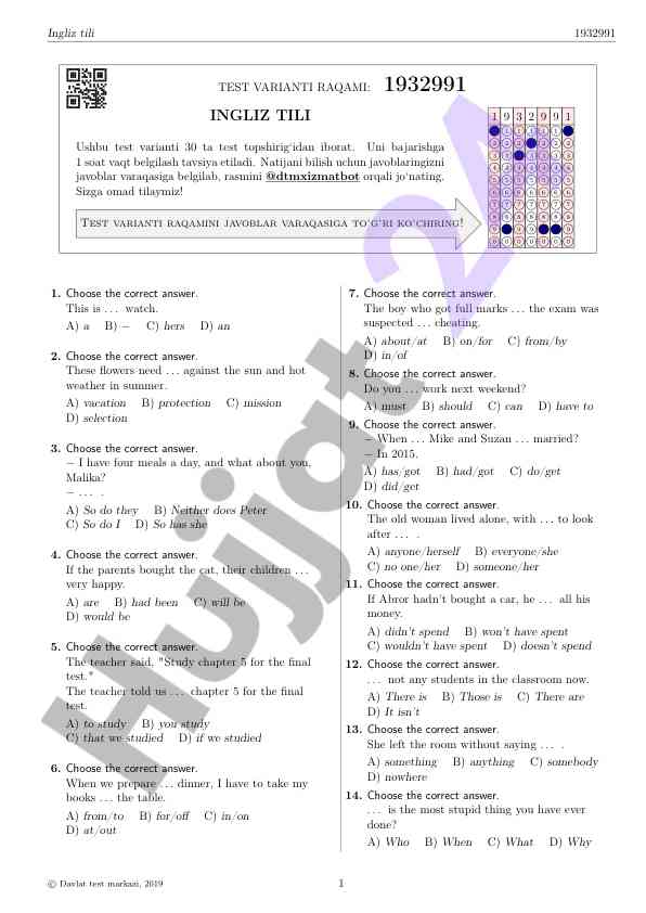 Ingliz tili test variantlari: 30 ta savol