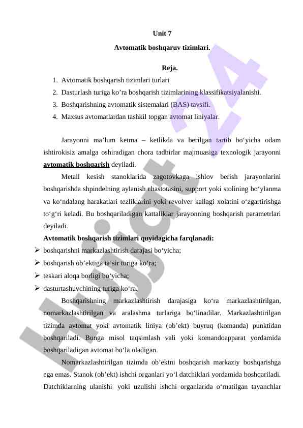 Avtomatik boshqaruv tizimlari turlari
