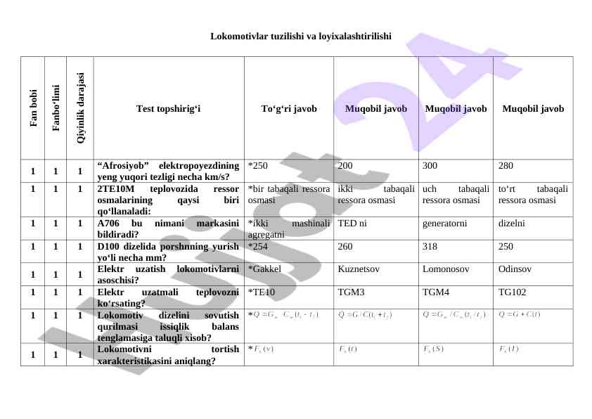 Lokomotivlar tuzilishi va loyihalashtirilishi test topshiriqlari