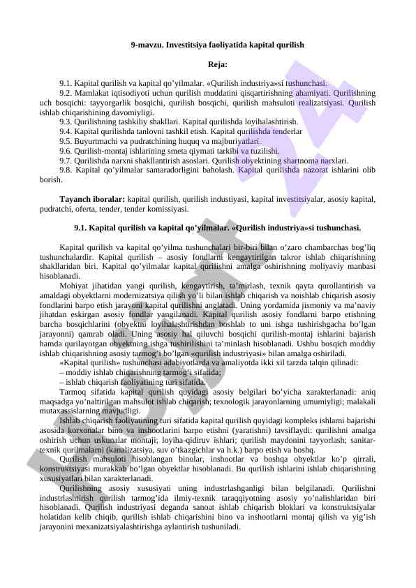 Kapital qurilish faoliyati va investitsiya tizimi