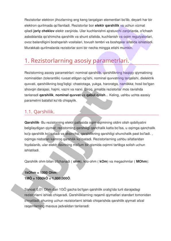 Rezistorlar va ularning asosiy parametrlari