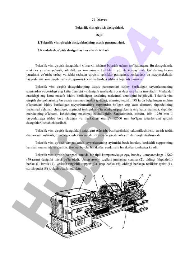 Tokarlik vint qirqish dasgohlari asosiy parametrlari