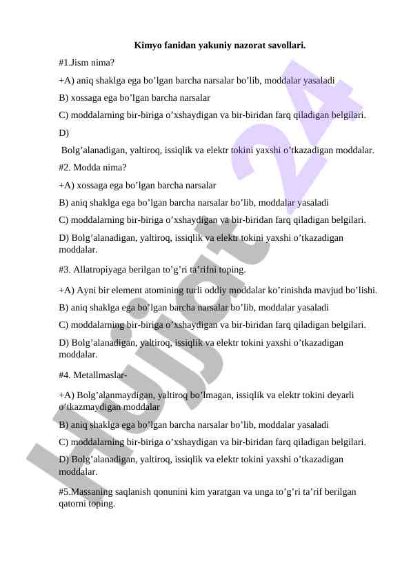 Kimyo fanidan yakuniy nazorat savollari