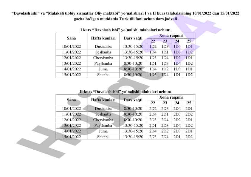 Davolash ishiga oid dars jadvali