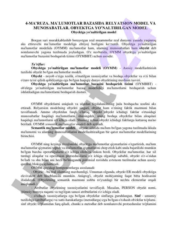 Obyektga yo'naltirilgan ma'lumotlar modeli va munosabatlar