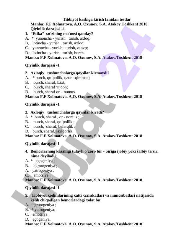Tibbiyot kasbiga kirish fanidan testlar