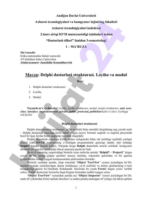 Delphi dasturlari strukturasi boyicha ma'ruza