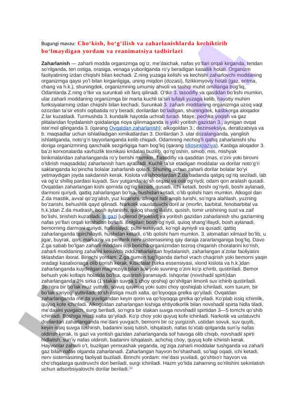 Zaharlanishlarda yordam va reanimatsiya tadbirlari